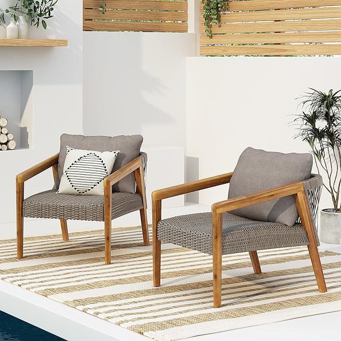 ( Set of 2) Outdoor Acacia Wood Club Chairs with Cushions Teak/Gray