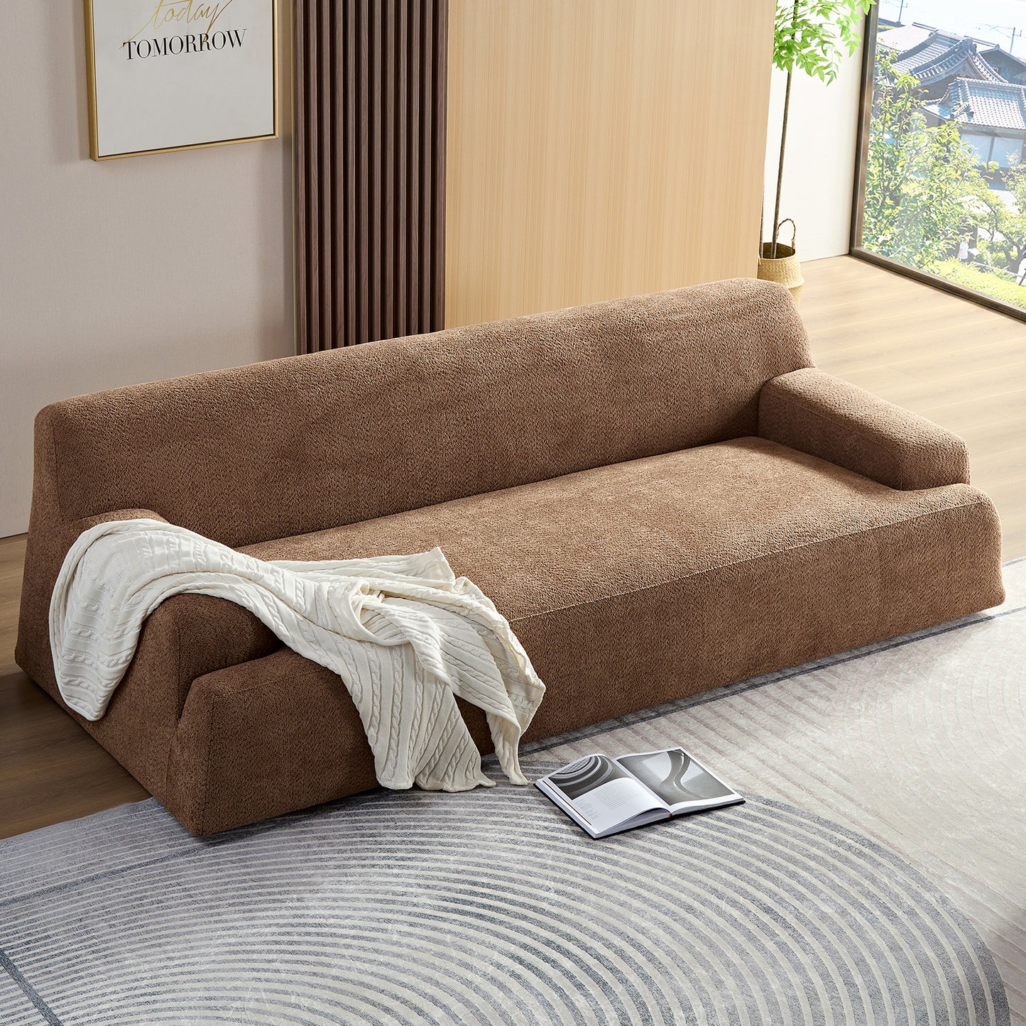 WKS9 Camel sofa, modern simplicity, durable fabric, solid wood frame, high density sponge filler