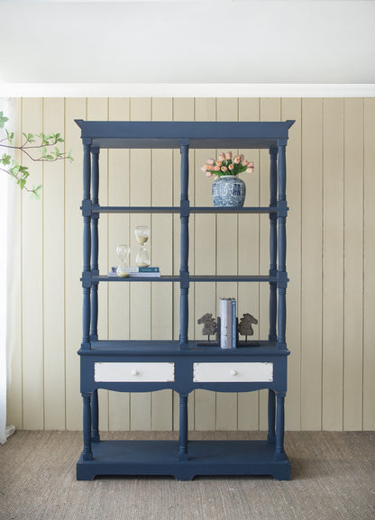 51x19.5x81.5&quot;, Blue Four Tiered Wooden Shelf with Two Drawers, Farmhouse Wood Bookcase Display Storage Shelf Etageres