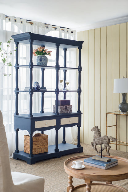 51x19.5x81.5&quot;, Blue Four Tiered Wooden Shelf with Two Drawers, Farmhouse Wood Bookcase Display Storage Shelf Etageres