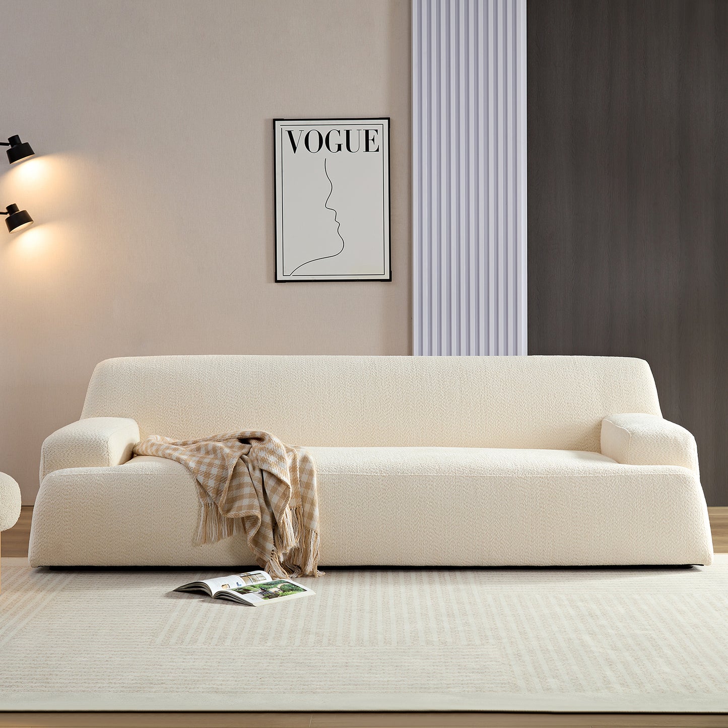 White sectional sofa with removable pillows, durable fabric, solid wood frame, high density sponge filler