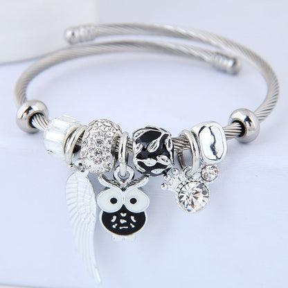 Beaded Owl Angel Wings Pendant Stainless Steel Bracelet