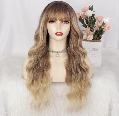 26 Inch Long Ash Blonde Wig with bangs Natural Wavy Hair -