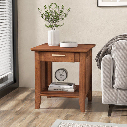 Rattan Nightstand End Table with Drawer and Storage Shelf