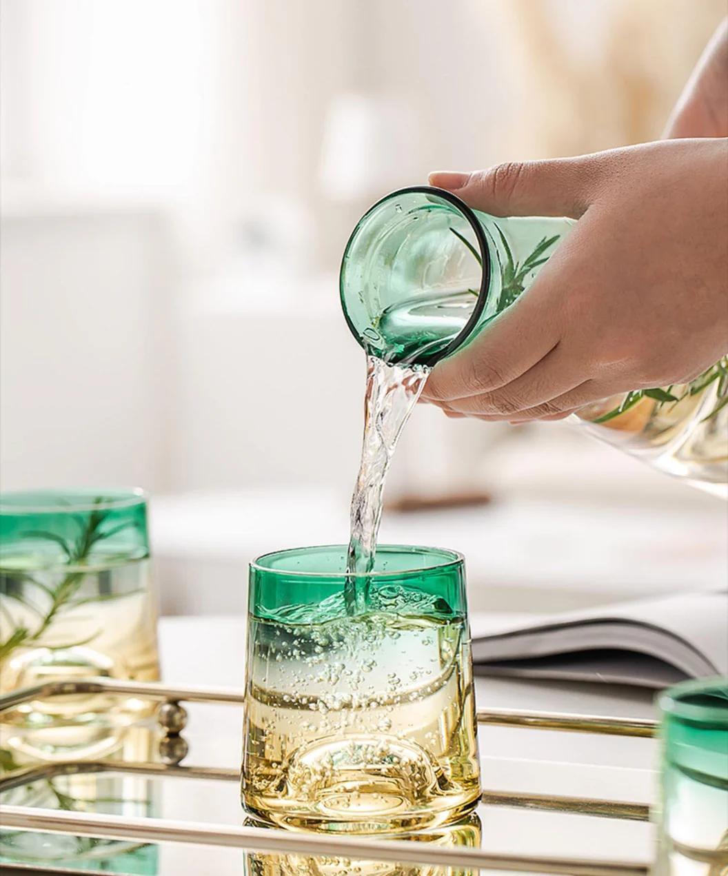 Yellow and Green Gradient Glass Carafe Set with Tray