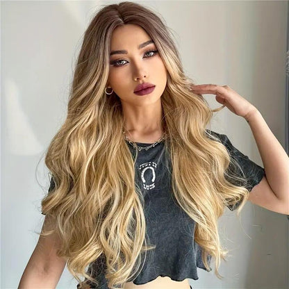 26 Inch Long Ash Blonde Wig with bangs Natural Wavy Hair -