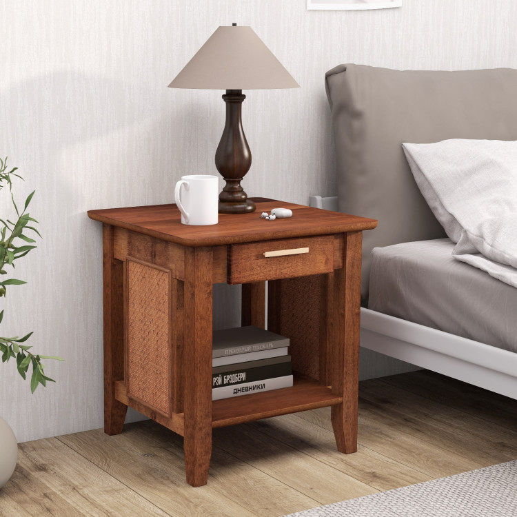 Rattan Nightstand End Table with Drawer and Storage Shelf