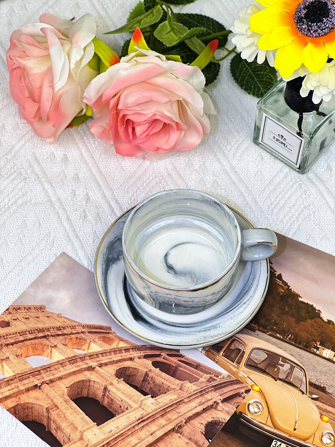 Marble espresso cup, ceramic cup, small size, high appearance level, a set of 6, with coasters and cup holders, gifts are suitable for home.