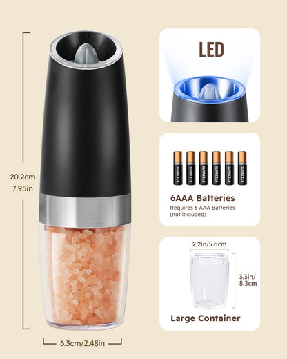 Gravity Electric Salt and Pepper Grinder Set Automatic Shakers Mill Grinder with LED Light, Battery Powered