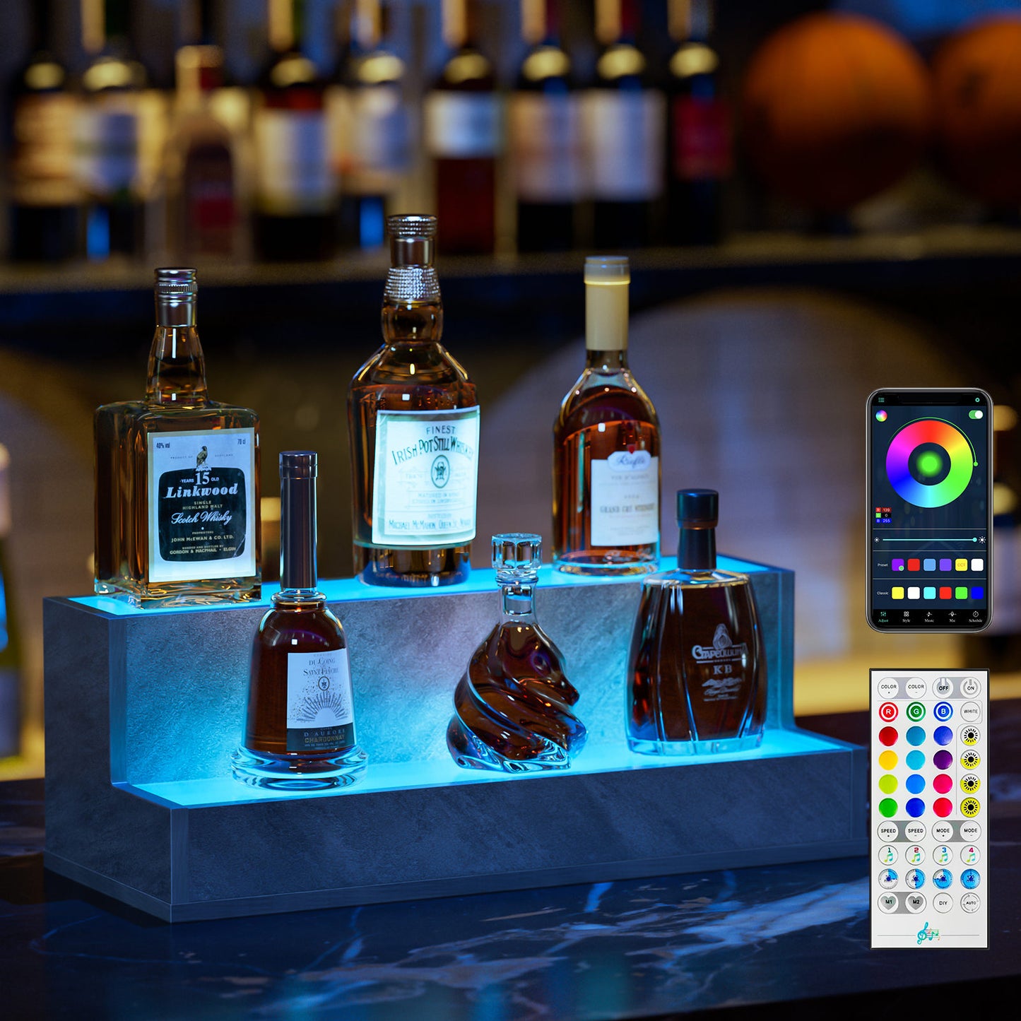 LED Lighted Liquor Bottle Display Shelf, 20 Inch Bar Display Shelf, DIY Illuminated Bottle Shelf with App &amp; Remote Control, 2 Step Freestanding Holding Bottles for Home Bar, Party, Grey