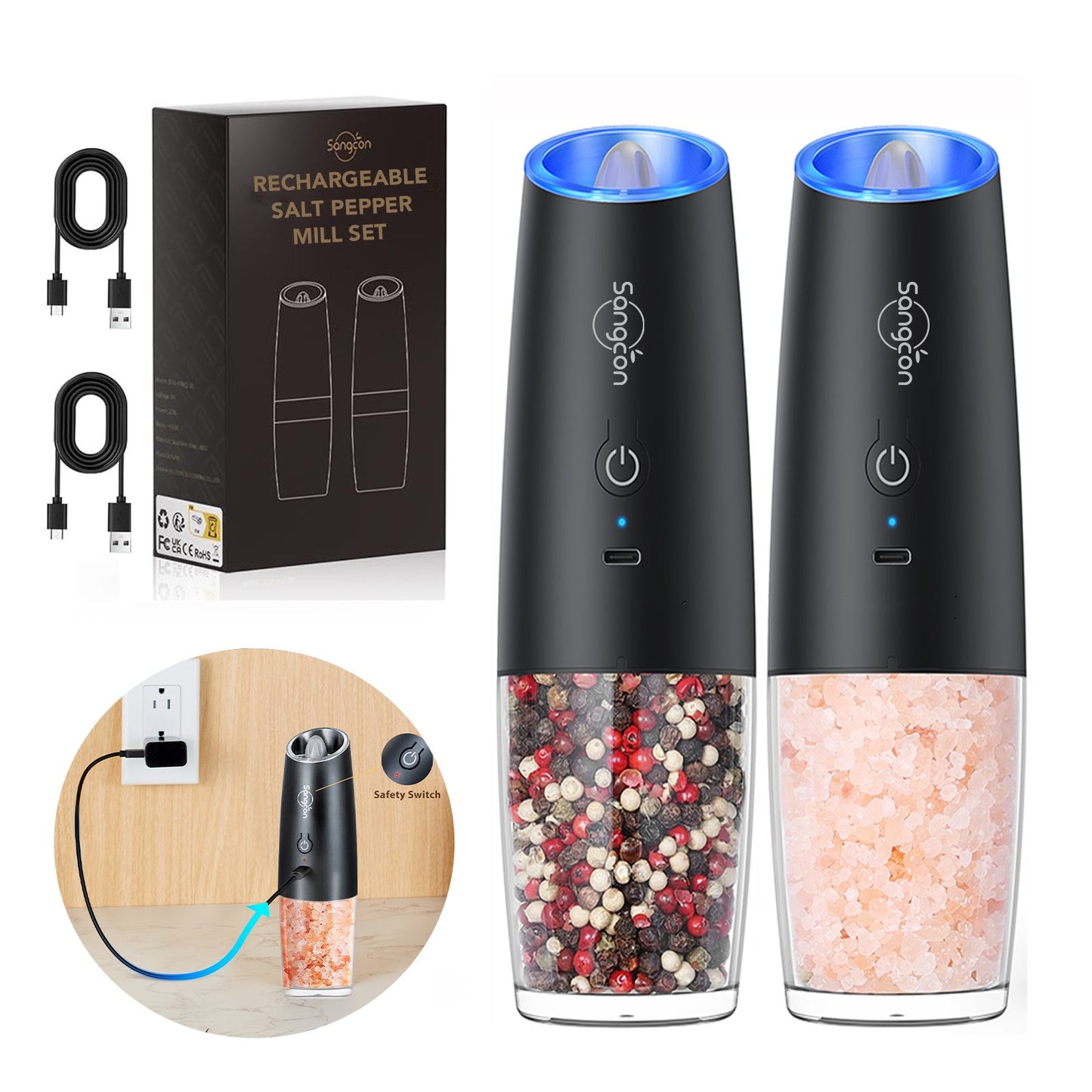 Gravity Electric Salt and Pepper Grinder Set Automatic Shakers Mill Grinder with LED Light, Battery Powered