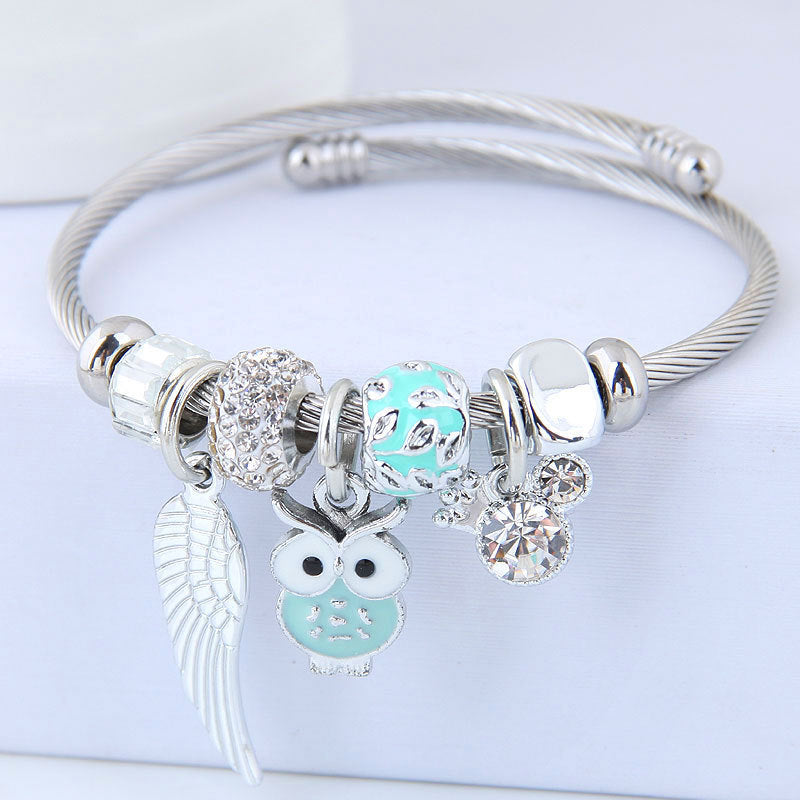 Beaded Owl Angel Wings Pendant Stainless Steel Bracelet