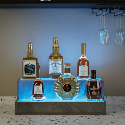 LED Lighted Liquor Bottle Display Shelf, 20 Inch Bar Display Shelf, DIY Illuminated Bottle Shelf with App &amp; Remote Control, 2 Step Freestanding Holding Bottles for Home Bar, Party, Grey