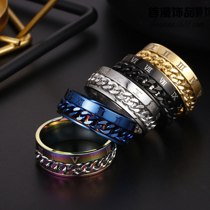 Roman Letter Chain Rings Men Digital Titanium Steel Ring