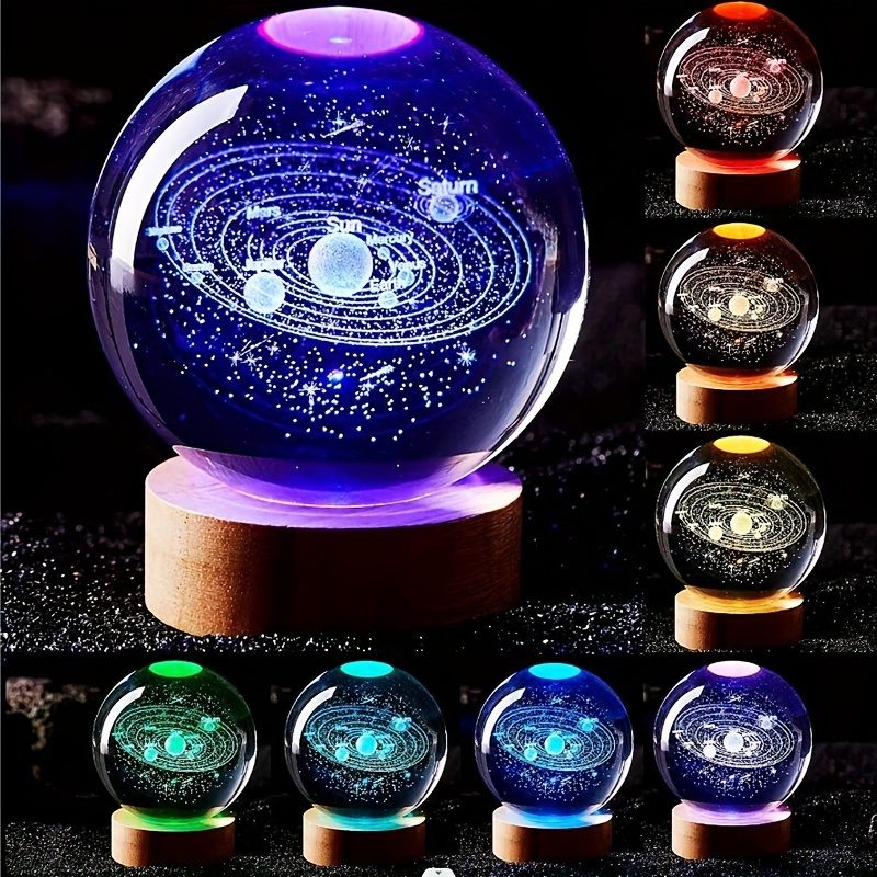 1pc 3D Solar System Nightlight, Crystal Glass Ball Light, Galaxy Astronaut Crystal Ball Night Lights With Wood Base For Bedside Christmas Gift for Girlfriend