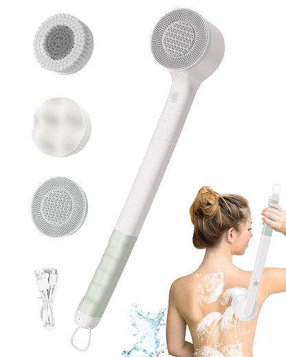 Electric Body Brush, Rechargeable Silicone Scrubber, IPX7 Waterproof Back Brush with Long Handle, and 3 Spin Brush Heads Suitable for Both Men and Women