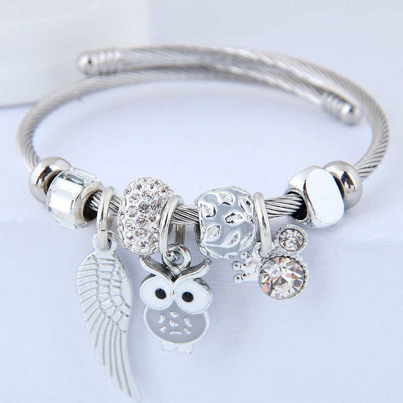 Beaded Owl Angel Wings Pendant Stainless Steel Bracelet