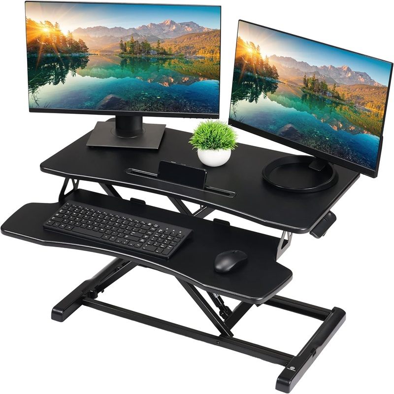 32-Inch Dual Monitor Electric Standing Desk Converter with Removable Keyboard Tray, Height Adjustable Standing Computer Desk for Monitors and Laptops