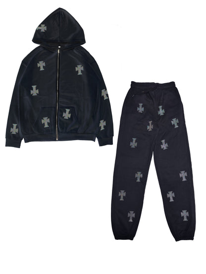 Y2K Rhinestone Graphic Pantsuits, Zip Up Pocket Hoodie &amp; Jogger Sweatpants Outfits, Women&#039;s Clothing