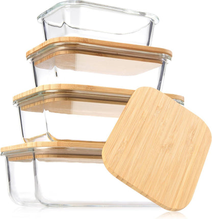 Fresh Guard 4 Pack Glass Food Storage Containers with Bamboo Lids, Glass Meal Prep Containers,Airtight Glass Bento Boxes with Bamboo Lids, Safe for Microwave, Oven, Freezer and Dishwasher, BPA Free