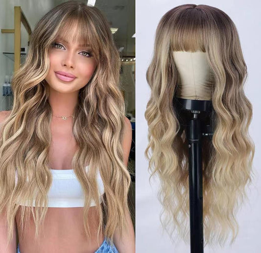 26 Inch Long Ash Blonde Wig with bangs Natural Wavy Hair -