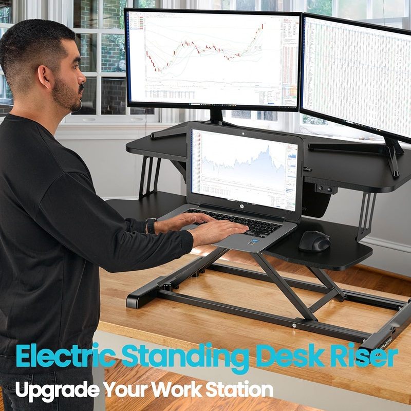 32-Inch Dual Monitor Electric Standing Desk Converter with Removable Keyboard Tray, Height Adjustable Standing Computer Desk for Monitors and Laptops