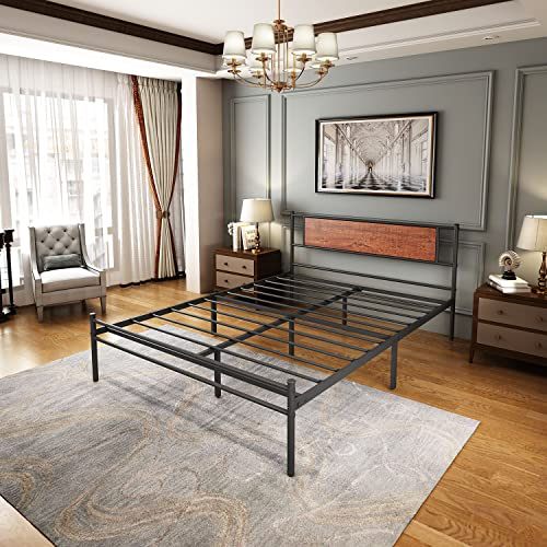 Queen Bed Frame with Wooden Headboard Metal Platform Bed Frames with Storage NO Boxing Spring Needed Easy Assembly Black