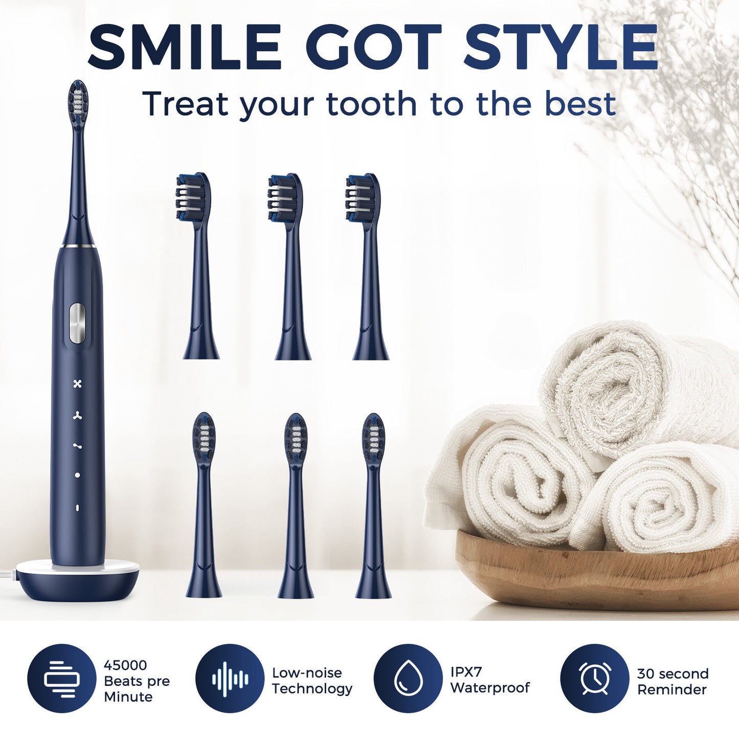 Electric Toothbrush for Adults - Rechargeable Electric Toothbrushes with Brush Heads & Holder, Travel Case, Power Electric Toothbrush with Holder，3 Hours Charge for 120 Days