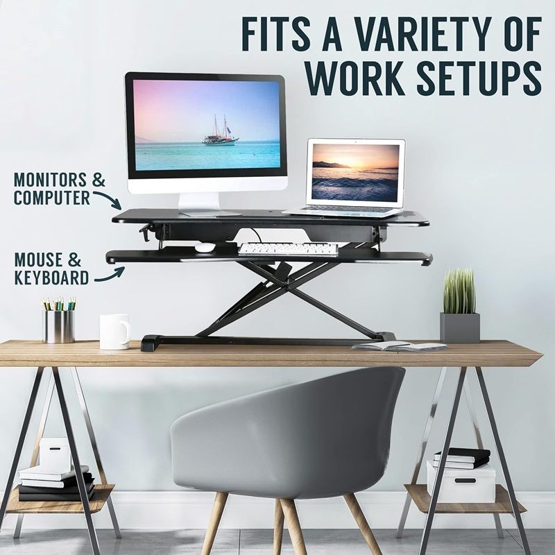 32-Inch Dual Monitor Electric Standing Desk Converter with Removable Keyboard Tray, Height Adjustable Standing Computer Desk for Monitors and Laptops