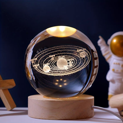 1pc 3D Solar System Nightlight, Crystal Glass Ball Light, Galaxy Astronaut Crystal Ball Night Lights With Wood Base For Bedside Christmas Gift for Girlfriend