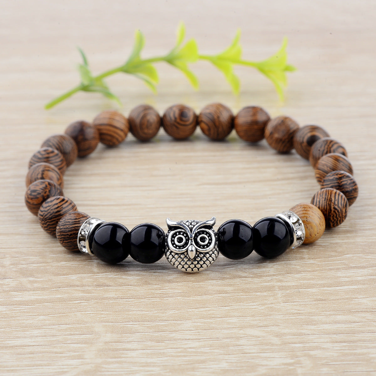 Owl frosted stone lifeline wood grain bracelet