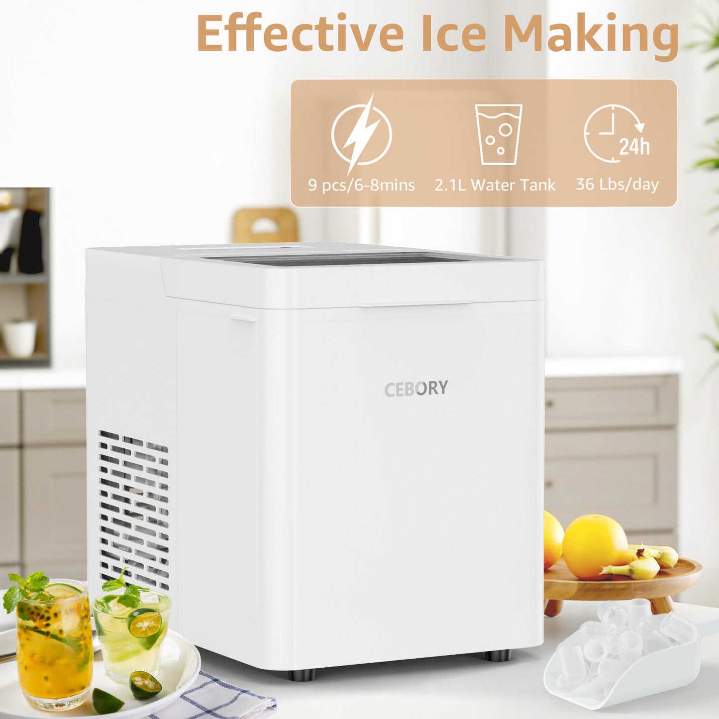 Countertop Ice Maker, 9Pcs/6Mins, 36Lbs/24Hrs, Self-Cleaning Ice Machine with 2 Ice Scoop and Basket, One-Click Operation 2 Sizes of Bullet Ice, Portable Ice Maker for Home/Kitchen/Office/Bar