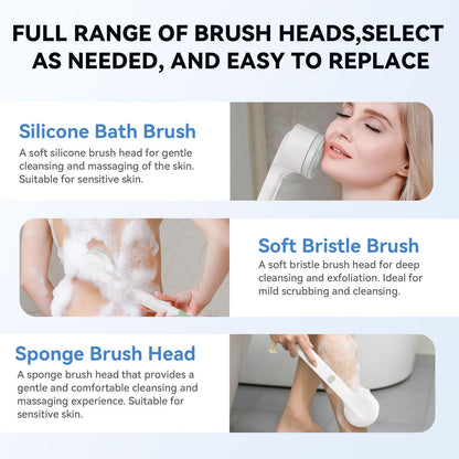 Electric Body Brush, Rechargeable Silicone Scrubber, IPX7 Waterproof Back Brush with Long Handle, and 3 Spin Brush Heads Suitable for Both Men and Women