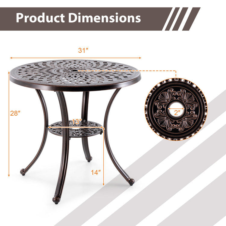 Patio Cast Aluminum Table 31 Inch Diameter Round Table with Umbrella Hole