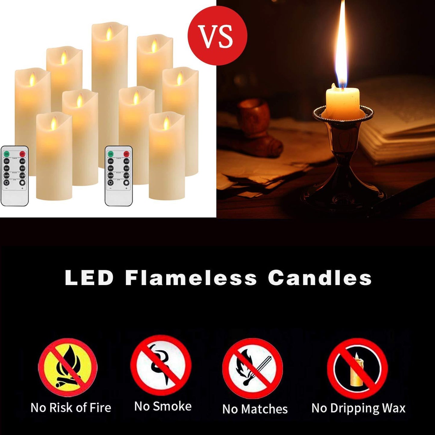 ED Candles Flameless Candles  Set of 9 Real Wax Pillar Flickering Battery Candles With10-key Remote Control Timer 300 Hours