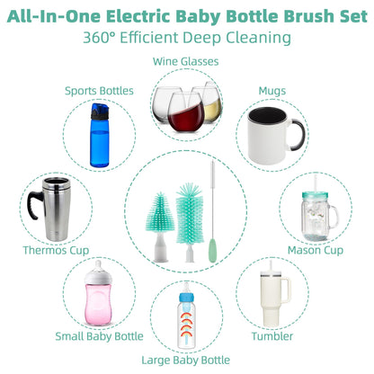 Electric Bottle Cleaning Brush, Baby Bottle Brush Cleaner Water Bottle Cleaning Kit, Nipple Brush Pacifier Cleaner Straw Cleaner Brush for Newborns,4 Packs Set