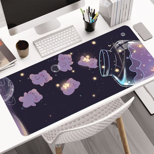 Large Gaming Mousepad Starry Glass Bear Design Anti-Slip Natural Rubber HD Keyboard Pad Desk Mat for Office and Home Use