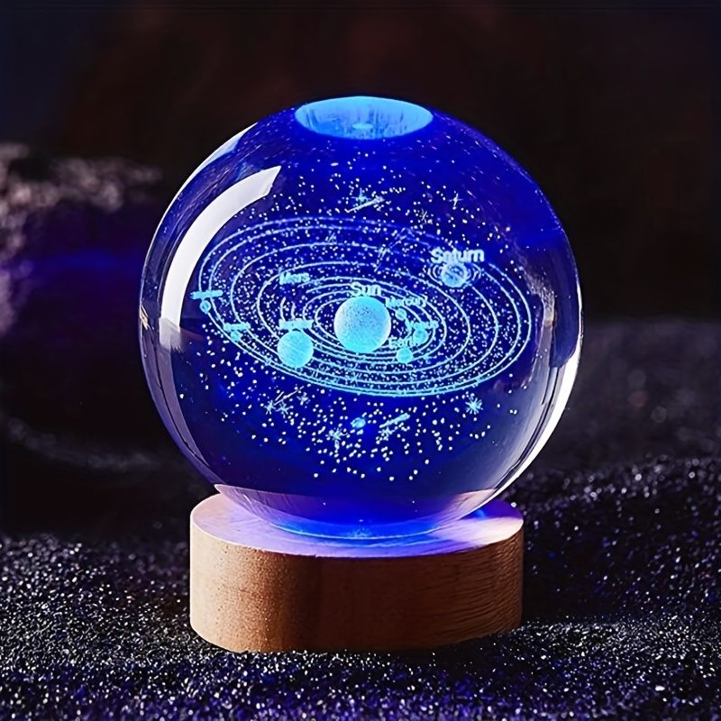 1pc 3D Solar System Nightlight, Crystal Glass Ball Light, Galaxy Astronaut Crystal Ball Night Lights With Wood Base For Bedside Christmas Gift for Girlfriend