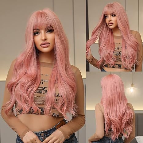 Long Pink Wig Synthetic Heat Resistant Nature Curly Wavy Wigs With Hair Bangs For Party Daily Cosplay