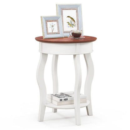 2-Tier Round End Table with Storage Shelf and Solid Rubber Wood Legs