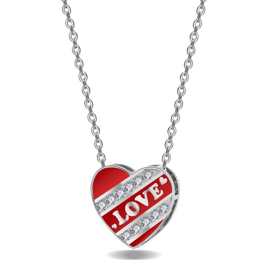 Sterling Silver 5A CZ Diamond Enamel Love Heart Pendant Necklace for Women