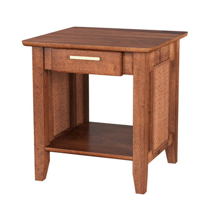 Rattan Nightstand End Table with Drawer and Storage Shelf