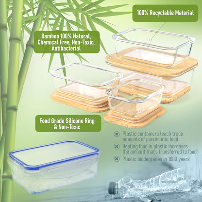 Fresh Guard 4 Pack Glass Food Storage Containers with Bamboo Lids, Glass Meal Prep Containers,Airtight Glass Bento Boxes with Bamboo Lids, Safe for Microwave, Oven, Freezer and Dishwasher, BPA Free