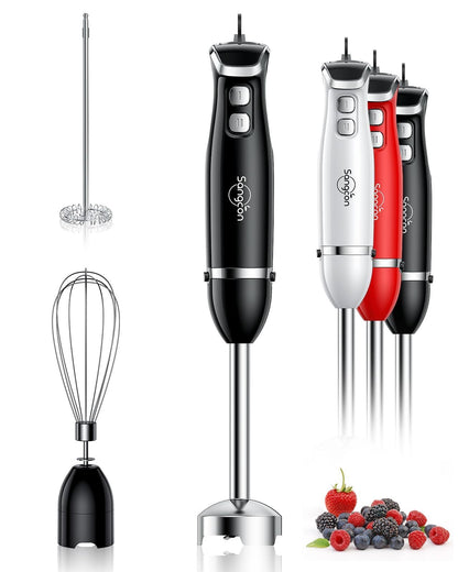 Immersion Blender Handheld, 3-in-1 Hand Blender Electric, 400W Handheld Blender, Stainless Steel Blade Stick Blender with Whisk, Milk Frother Attachments - Black