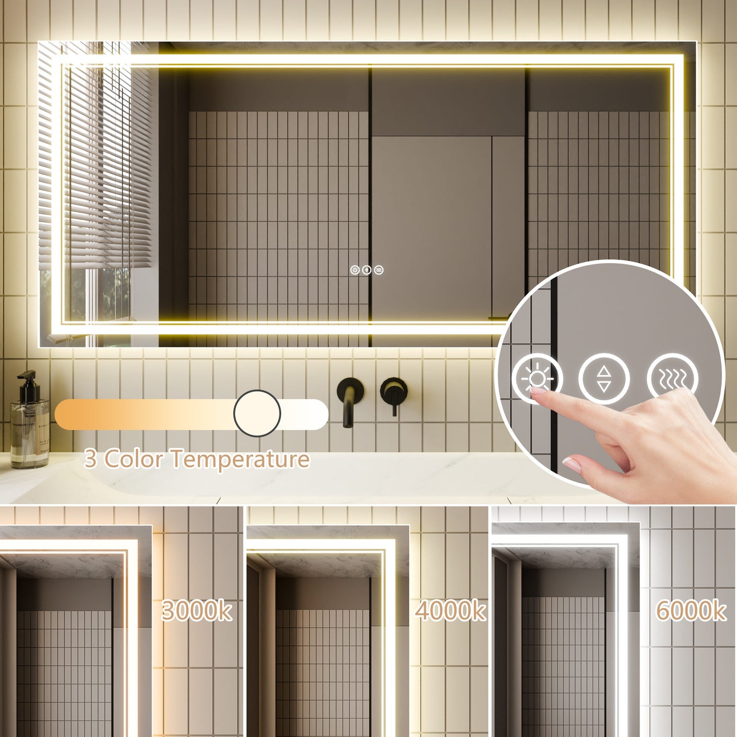 LED Bathroom Vanity Mirror with Light, 28 x 60 inch, Anti Fog, Dimmable,Tricolor temperature，Backlit &amp; Frontlit，Both Vertical and Horizontal Wall Mounted Vanity Mirror（28 x 60)