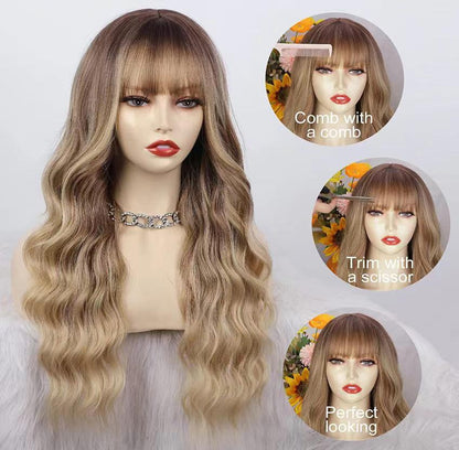 26 Inch Long Ash Blonde Wig with bangs Natural Wavy Hair -