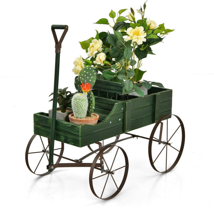 Wooden Wagon Plant Bed with Metal Wheels for Garden Yard Patio