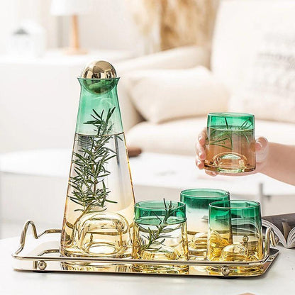 Yellow and Green Gradient Glass Carafe Set with Tray