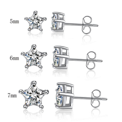 Sterling Silver Stud Earrings 5 Point Star Cubic Zirconia Ear Stud for Women Men Girl CZ 5mm-7mm