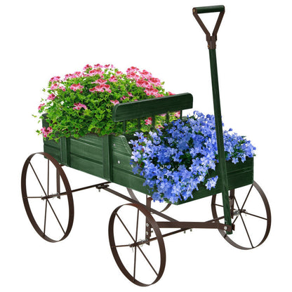 Wooden Wagon Plant Bed with Metal Wheels for Garden Yard Patio